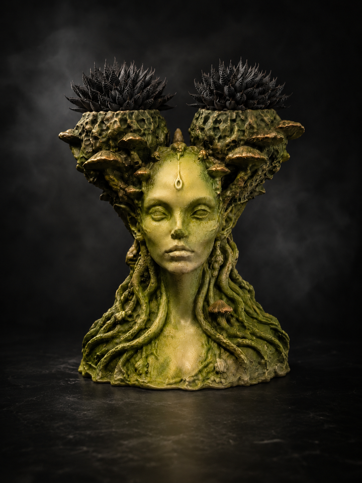 Mycelia Fungal Faerie Queen cast stone mushroom head planter front view