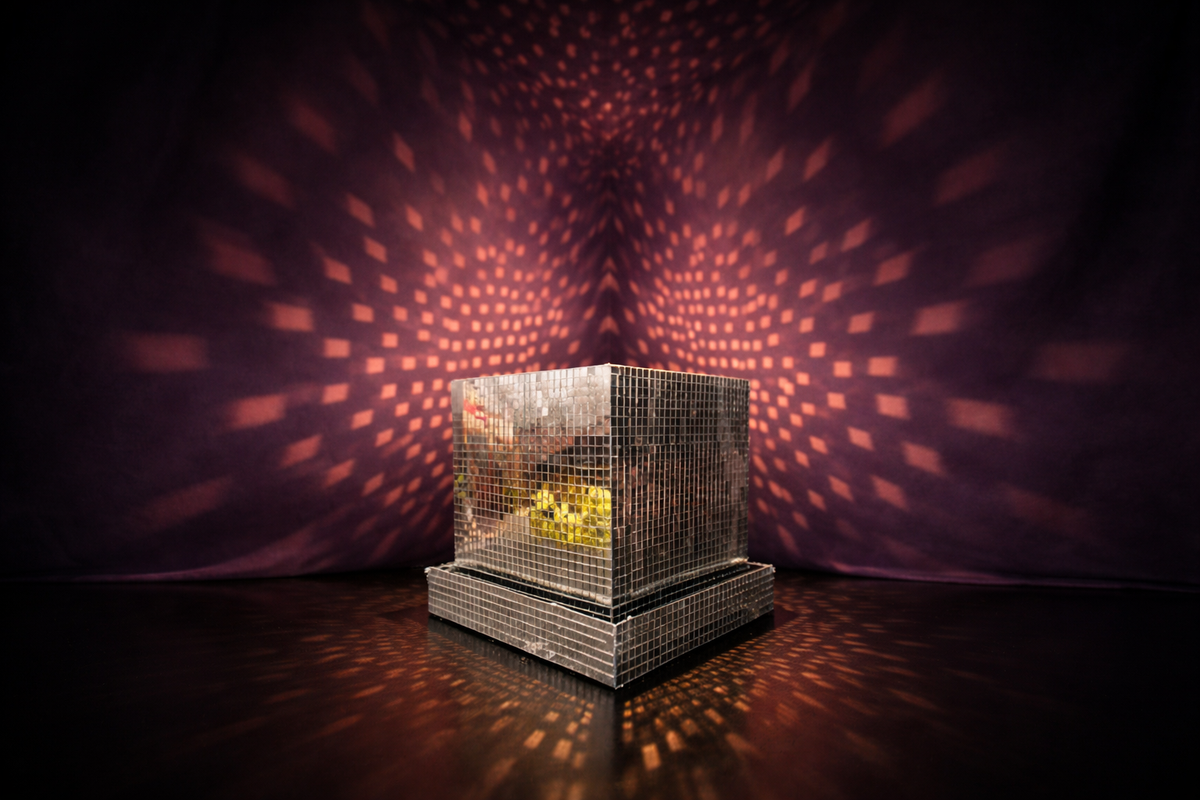Mirror tile disco cube planter casting light patterns on surrounding walls