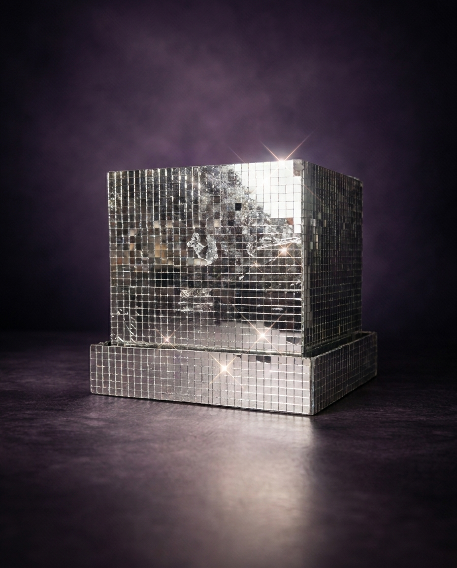 Mirror tile cube planter catching light with star sparkles on purple background