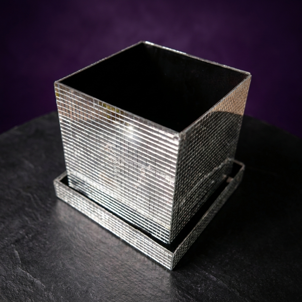 Mirror tile cube planter top view showing drainage tray