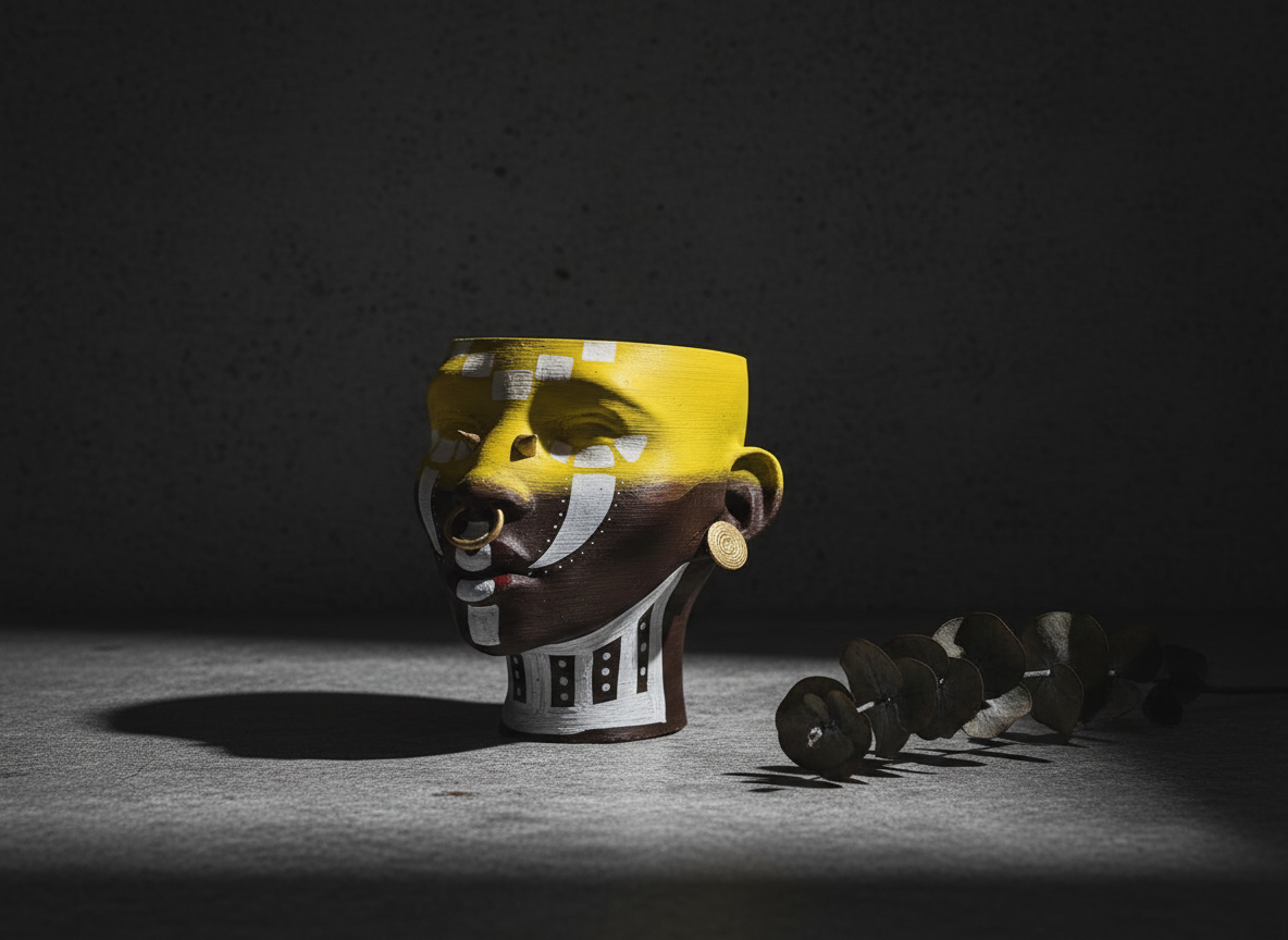 Ashanti Warrior Head Planter - Yellow on stone botanical