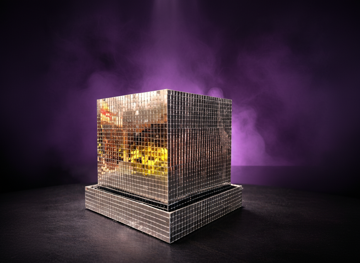 Mirror tile cube planter with atmospheric purple fog background
