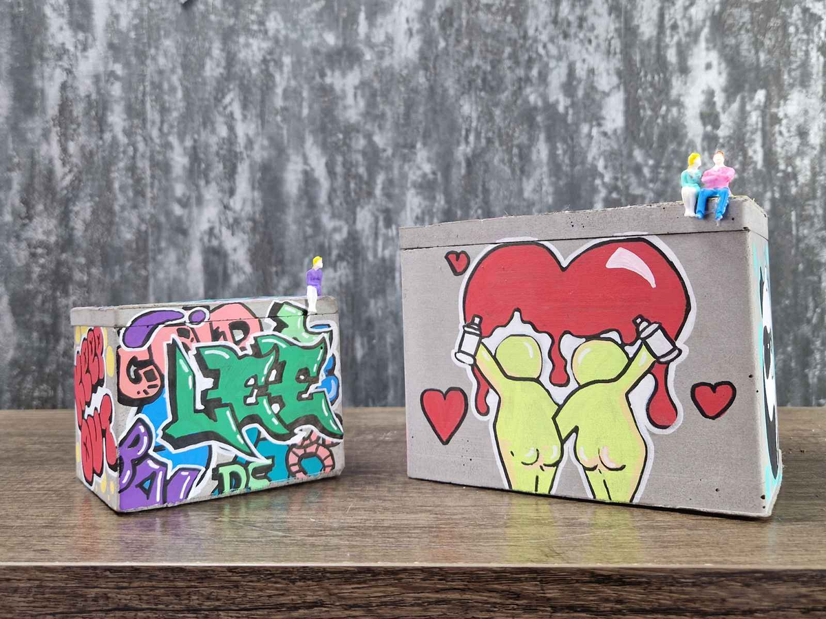 Graffiti Cast Stone Box — side view — hand-cast concrete finish