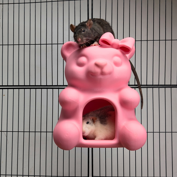 Pink gummy bear rat hide with round doorway for cage enrichment