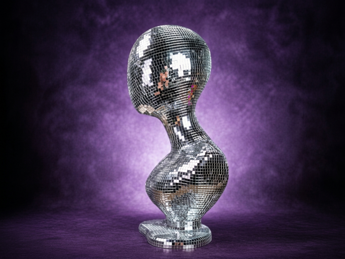 mirror ball mannequin bust side profile on purple studio backdrop