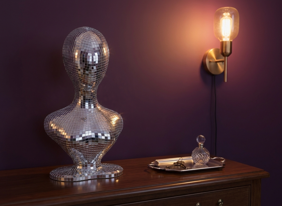 mirror ball mannequin bust on entryway console table