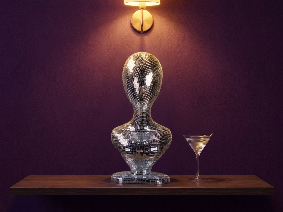 mirror ball mannequin bust on boutique shelf with cocktail glass