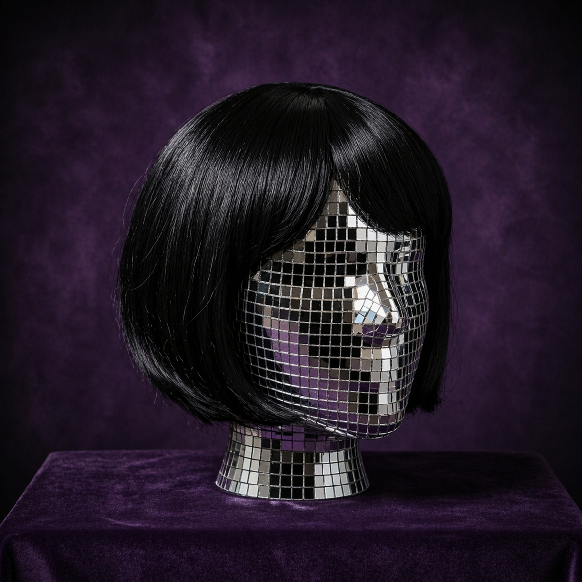 Disco Ball Mannequin Head wearing a sleek black bob wig