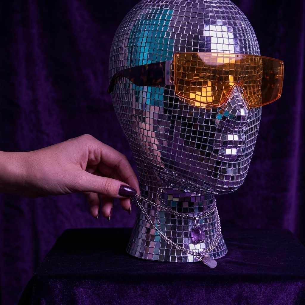 Disco Ball Mannequin Head styled with jewellery and amber sunglasses