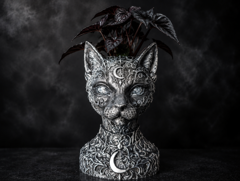 The Witch's Familiar Cat Planter shown front-facing with dark foliage