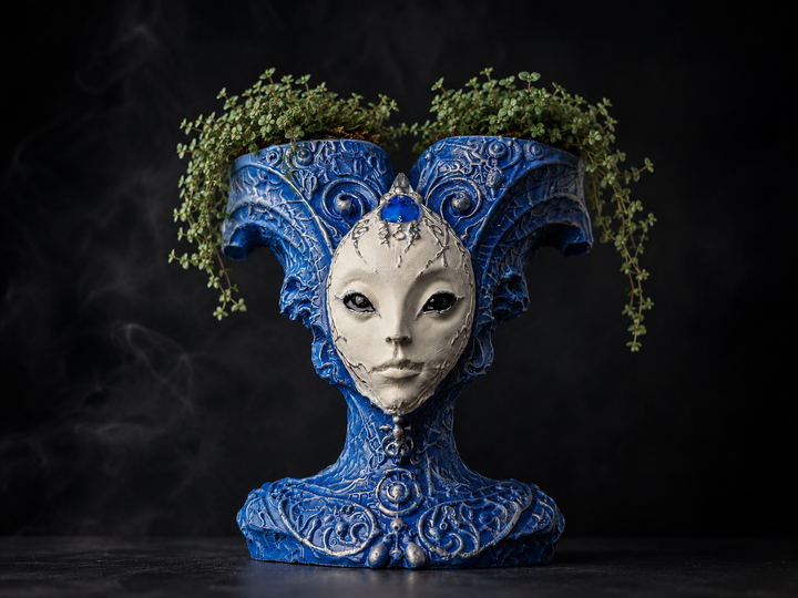 The Blue Trickster alien planter styled with trailing green plants