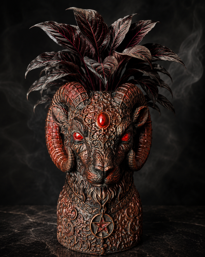 The Blood Moon Ram cast stone ram head plant pot with deep red and bronze gothic finish