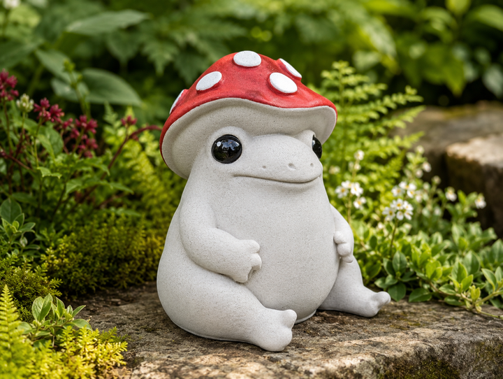 Mallowcap cast stone mushroom frog garden ornament with red spotted cap in a green garden setting