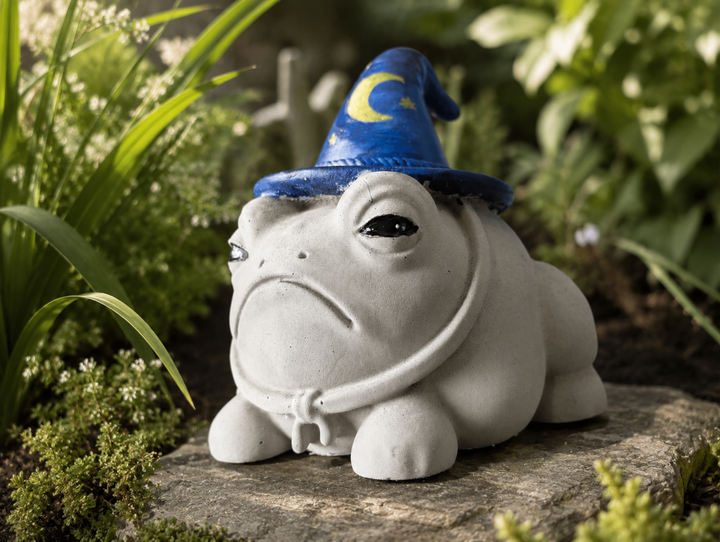 Professor Grumbletoad cast stone wizard frog garden ornament with blue moon hat