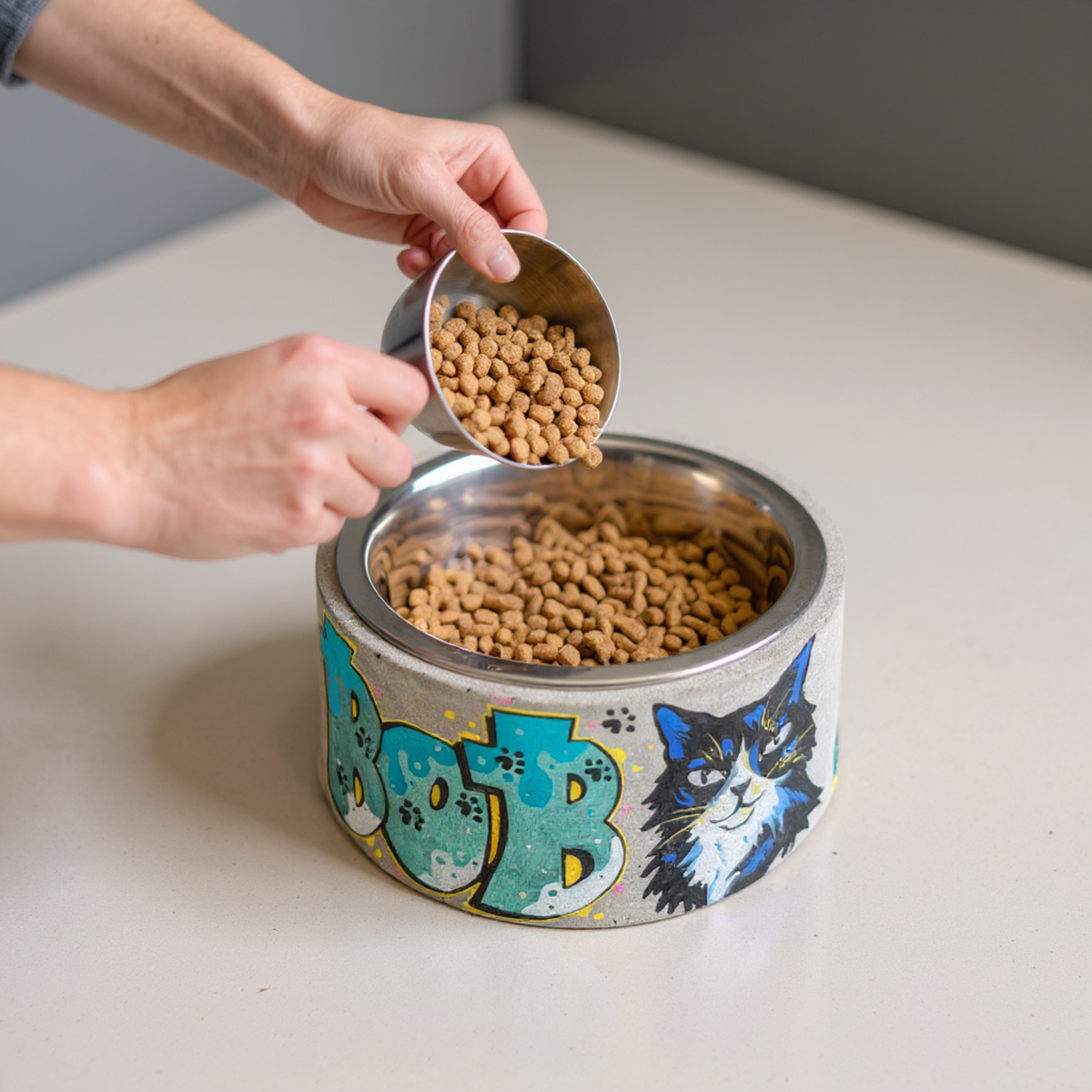 Personalized Graffiti Pet Bowl side view showing weight and stability