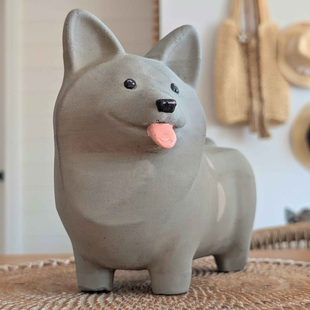 Handmade Corgi Stone Ornament with Heart styled in home setting