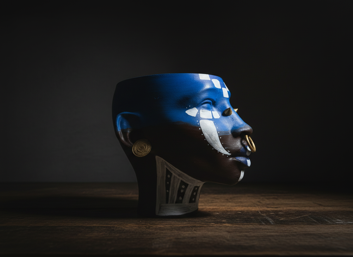Ashanti Warrior Head Planter - Blue profile on dark wood