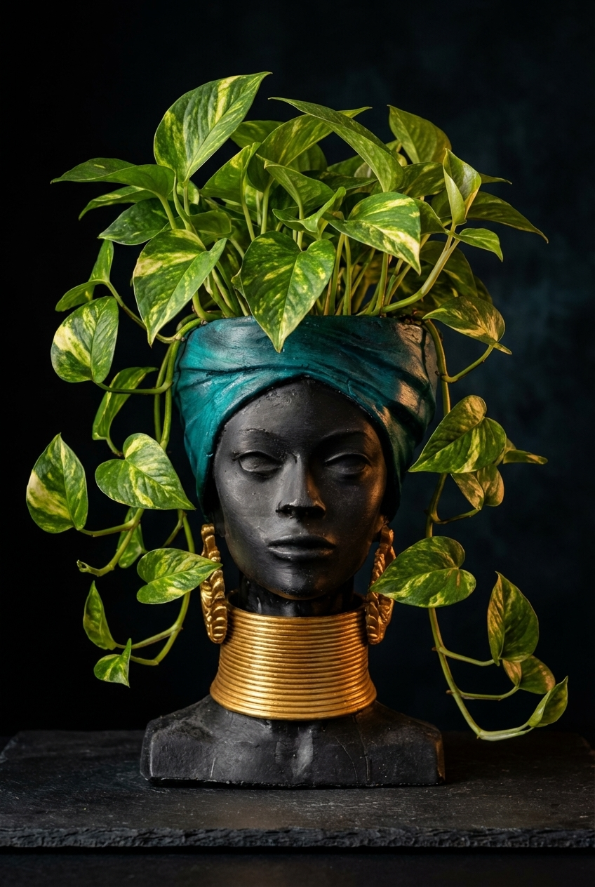 Golden Grace African Woman Head Planter - Planted pothos