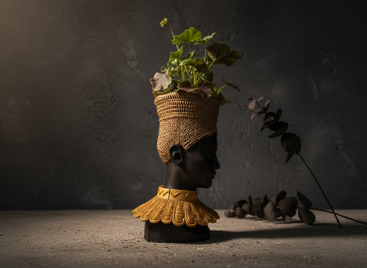 Nefertari Head Planter lifestyle shot - profile on rough stone with dried botanical