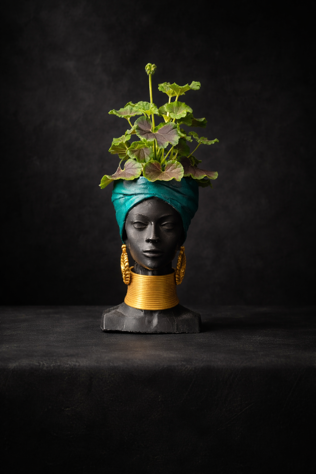 Golden Grace African Woman Head Planter - Studio planted front