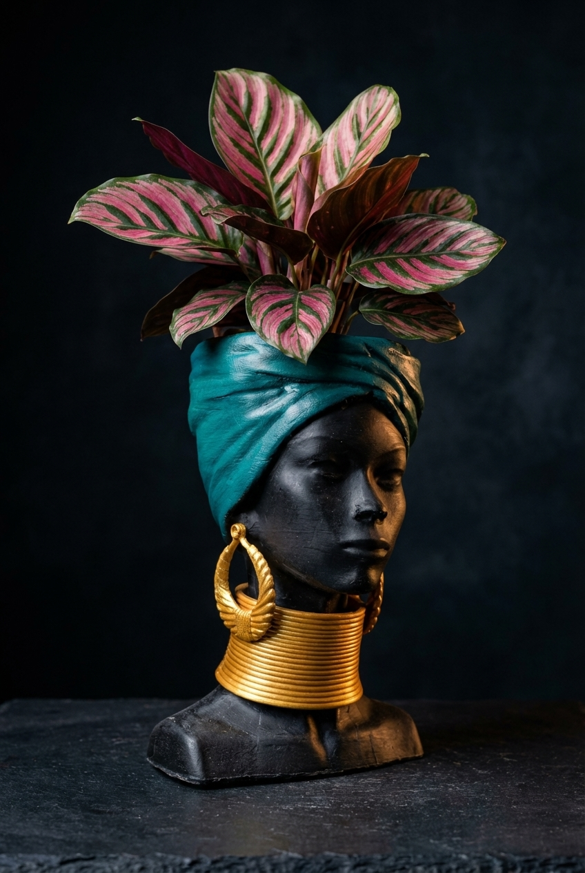 Golden Grace African Woman Head Planter - Planted calathea