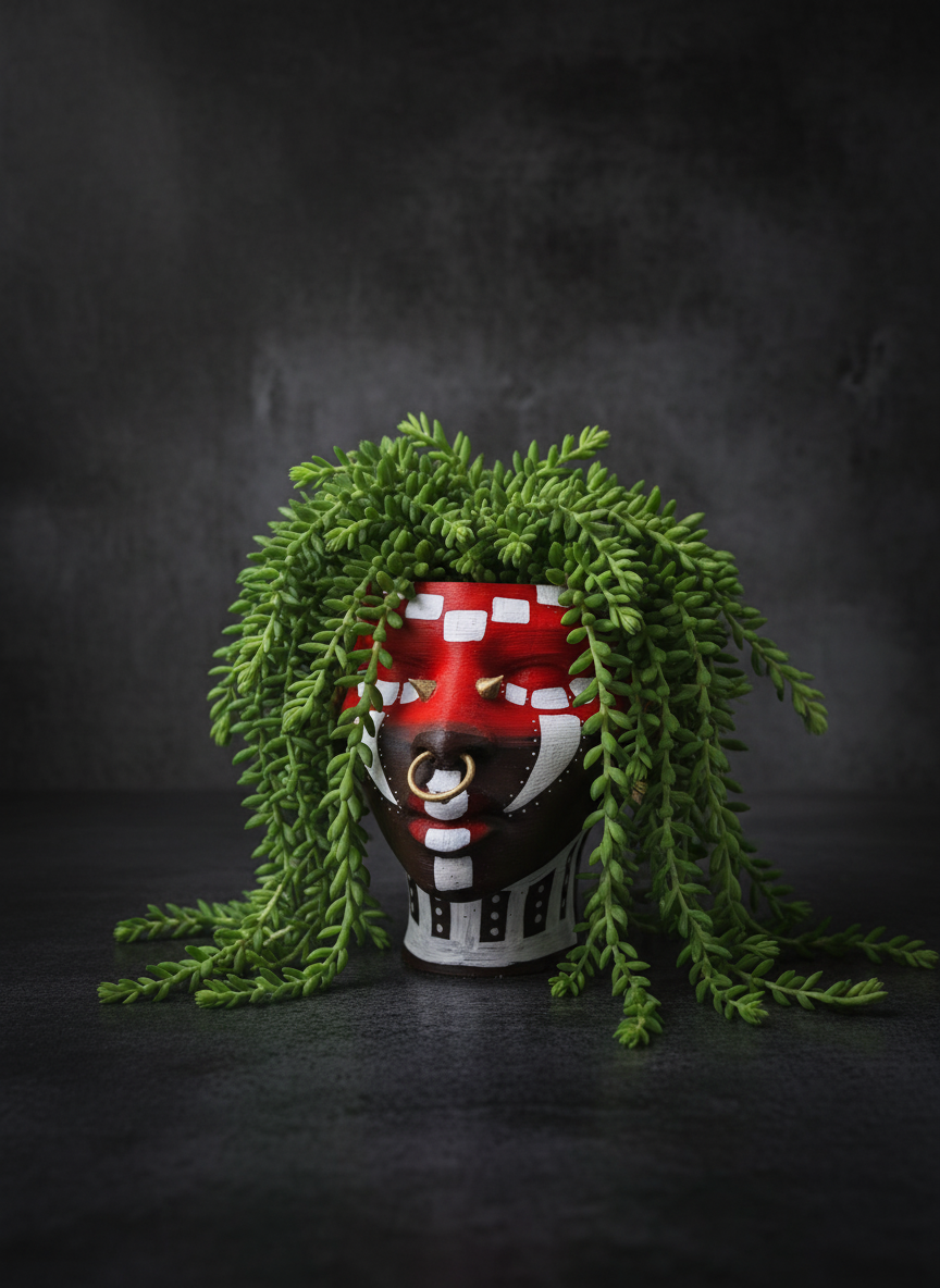 Ashanti Warrior Head Planter - Red with burros tail plant