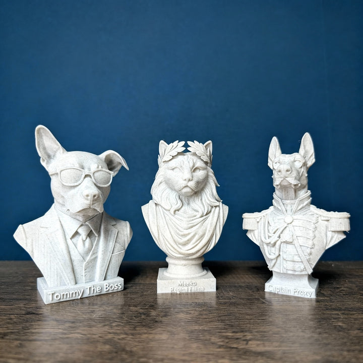 Marble-look Custom Pet Bust from photo with hand-finished memorial portrait detail