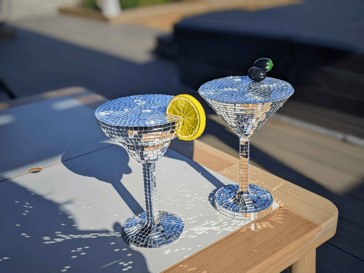 Disco Ball Cocktail Glassware Set — scale reference — shown with plant