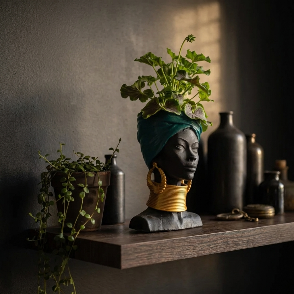 Golden Grace African Woman Head Planter - Lifestyle shelf