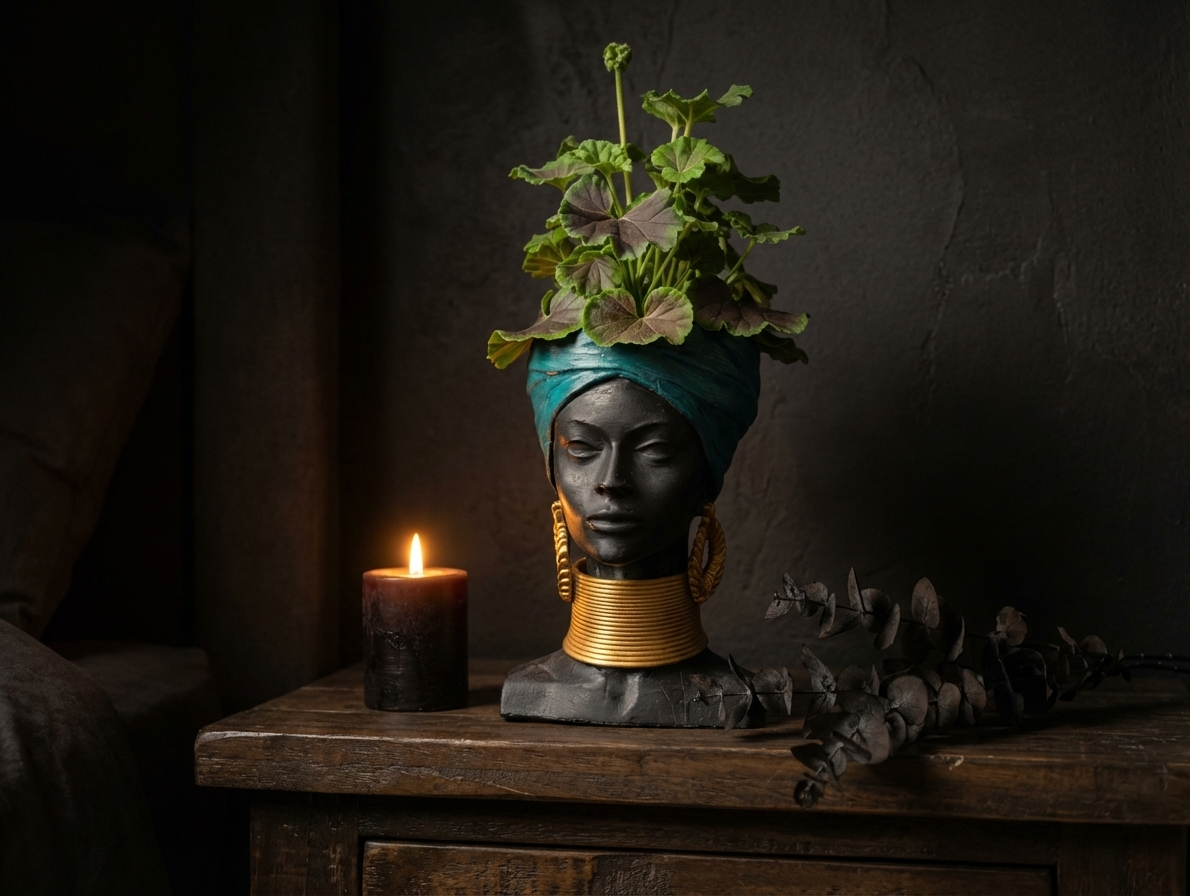 Golden Grace African Woman Head Planter - Lifestyle bedroom