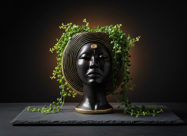 Art Deco face plant pot with gold crown and greenery