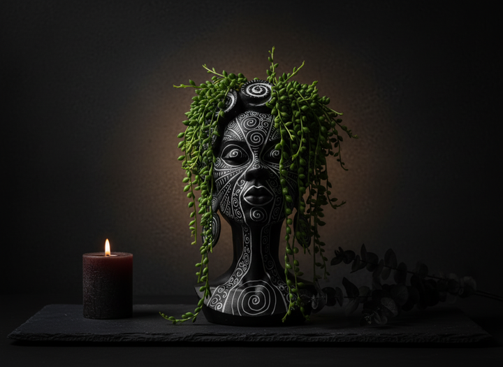 Spiral face plant pot with trailing greenery