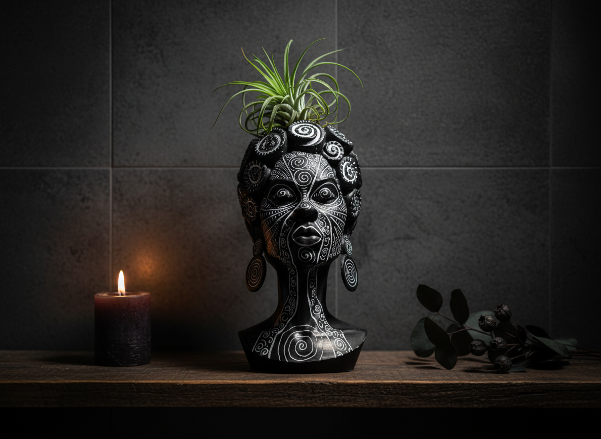 Mother of the Gyre planter with air plant on bathroom shelf