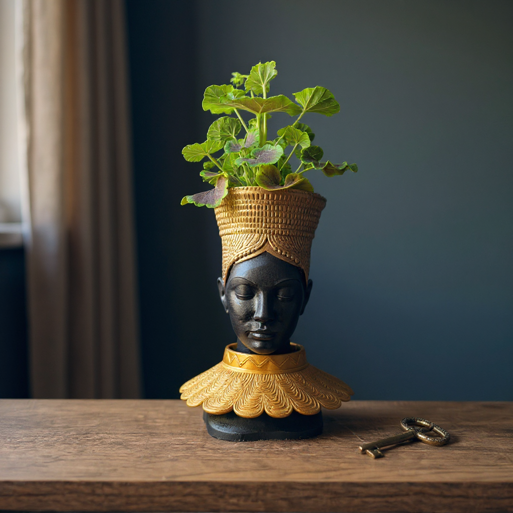African Head Planter Gold | Black Woman Bust Art Pot