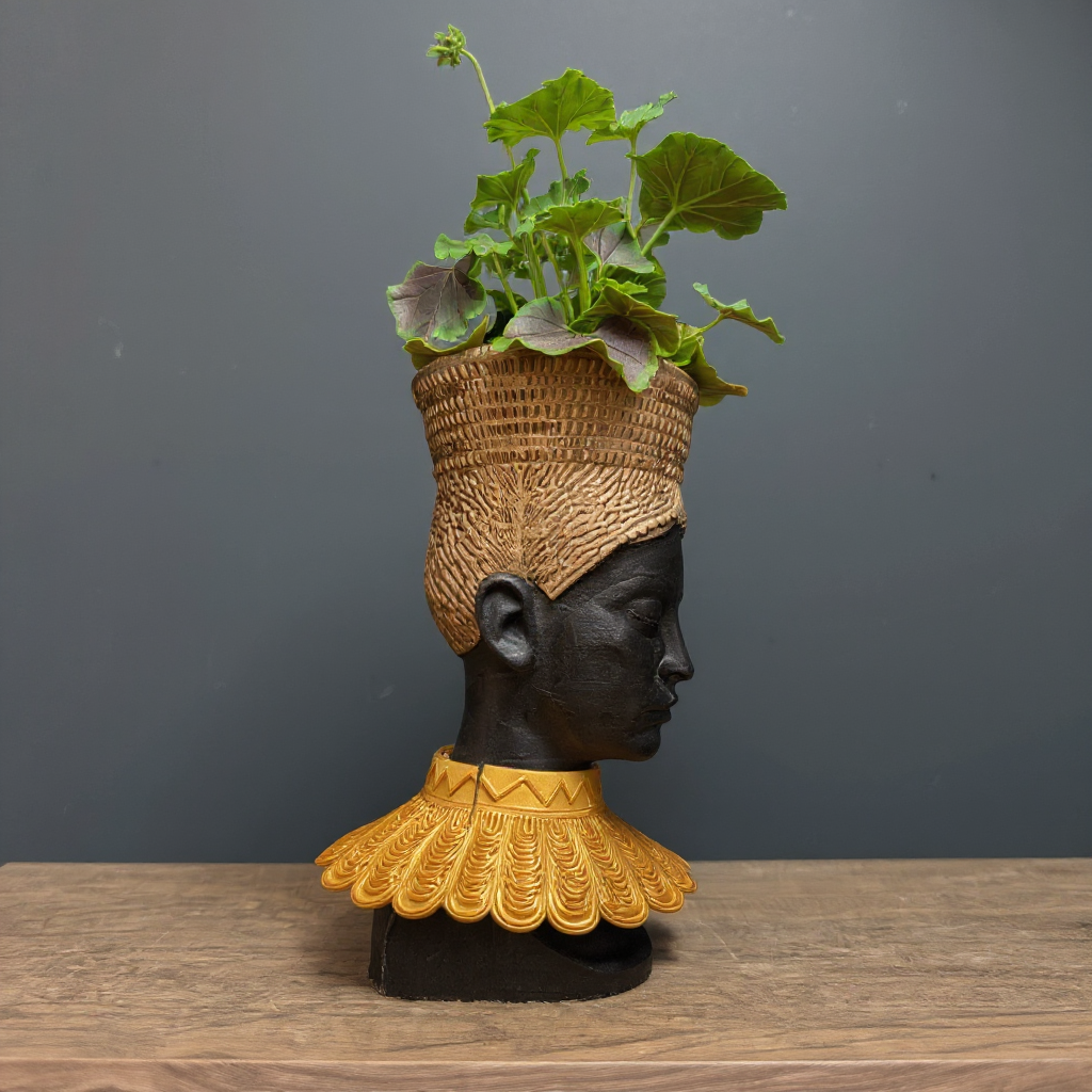 African Head Planter Gold | Black Woman Bust Art Pot