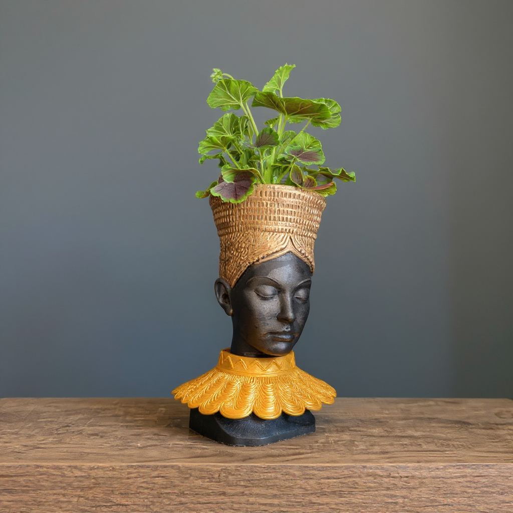African Head Planter Gold | Black Woman Bust Art Pot