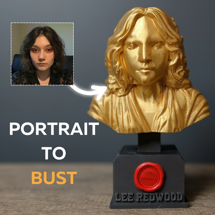 Personalised Gold Bust Trophy hero view showing gold custom bust and base