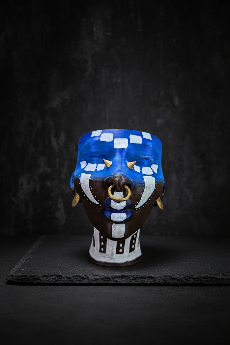 Ashanti Warrior Head Planter - Blue front studio view