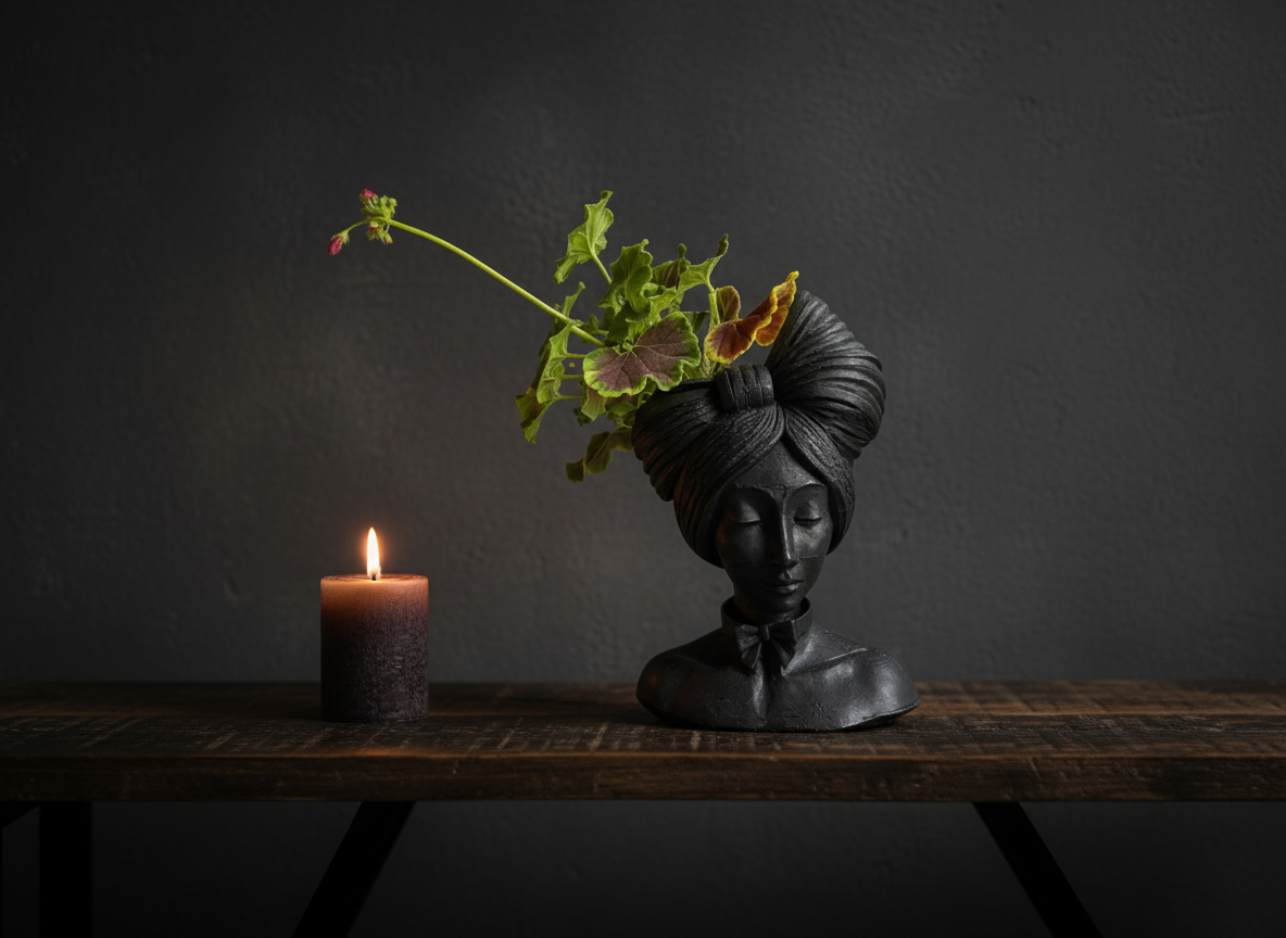 Sable head planter on console table