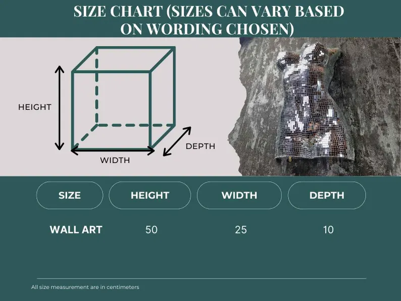 The Disco Era size chart: 50 x 25 x 10 cm