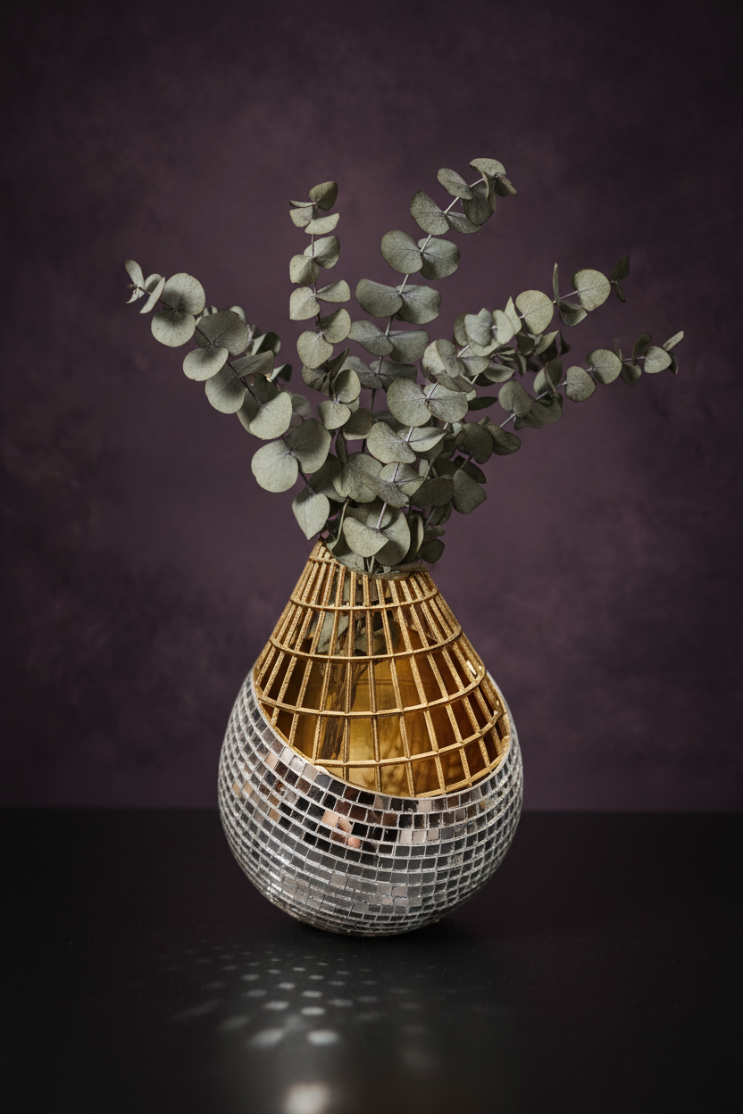 Mirror mosaic vase with dried eucalyptus