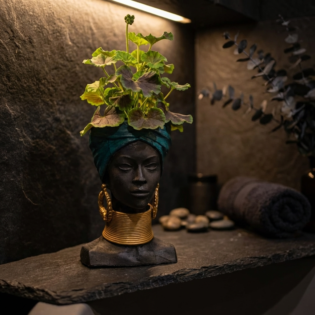 Golden Grace African Woman Head Planter - Lifestyle bathroom