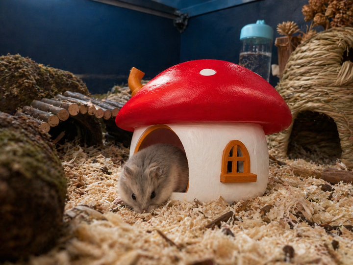 Fairy Mushroom Hamster Hide in an indoor hamster cage with a hamster at the doorway
