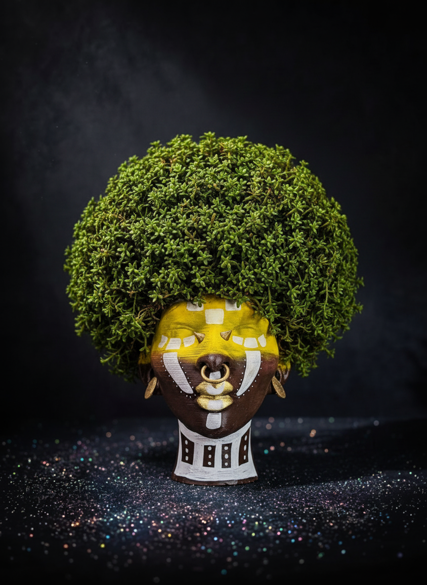 Ashanti Warrior Head Planter - Yellow with moss afro