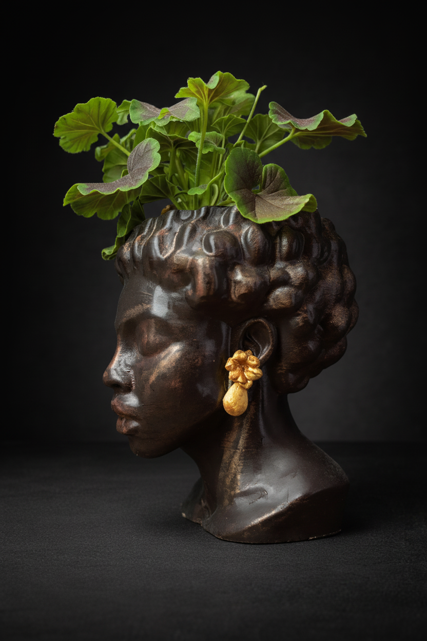 Cast stone bust planter with sculpted curly hair, right profile view