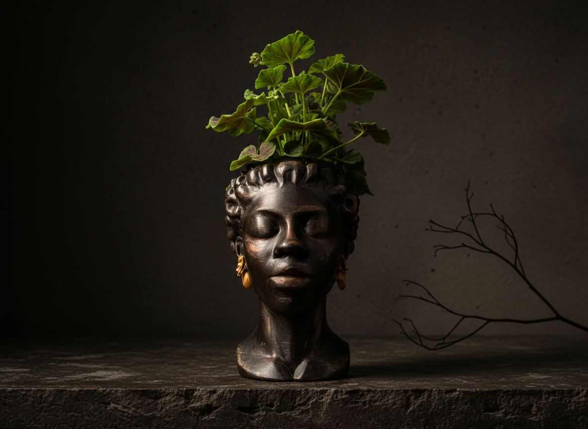 The Florid Chiaroscuro bust planter styled on a console table