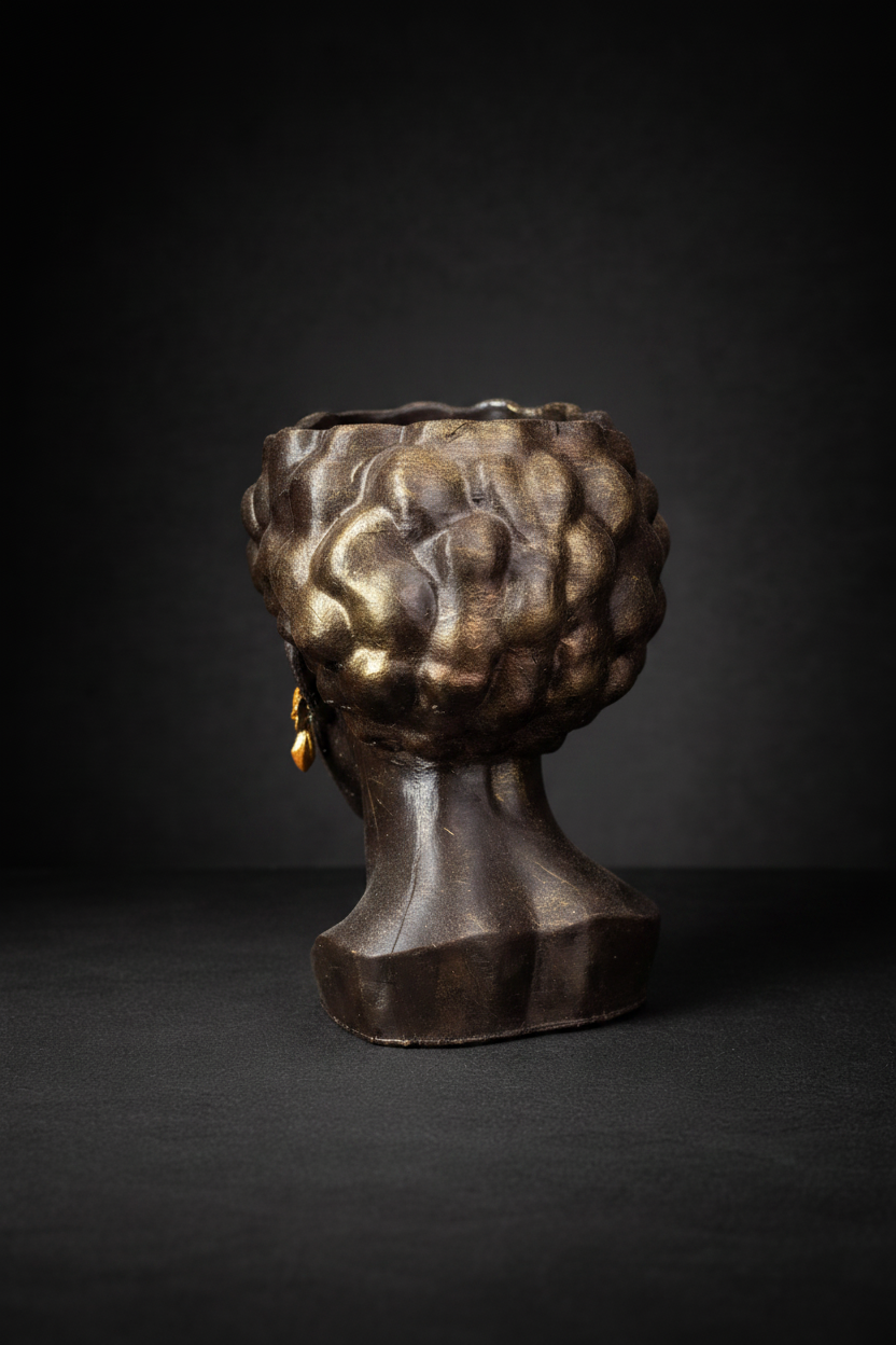 Cast stone head planter rear view showing sculpted hair detail