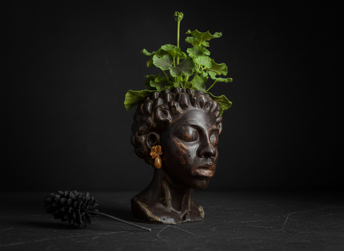 The Florid Chiaroscuro head planter in a living room setting