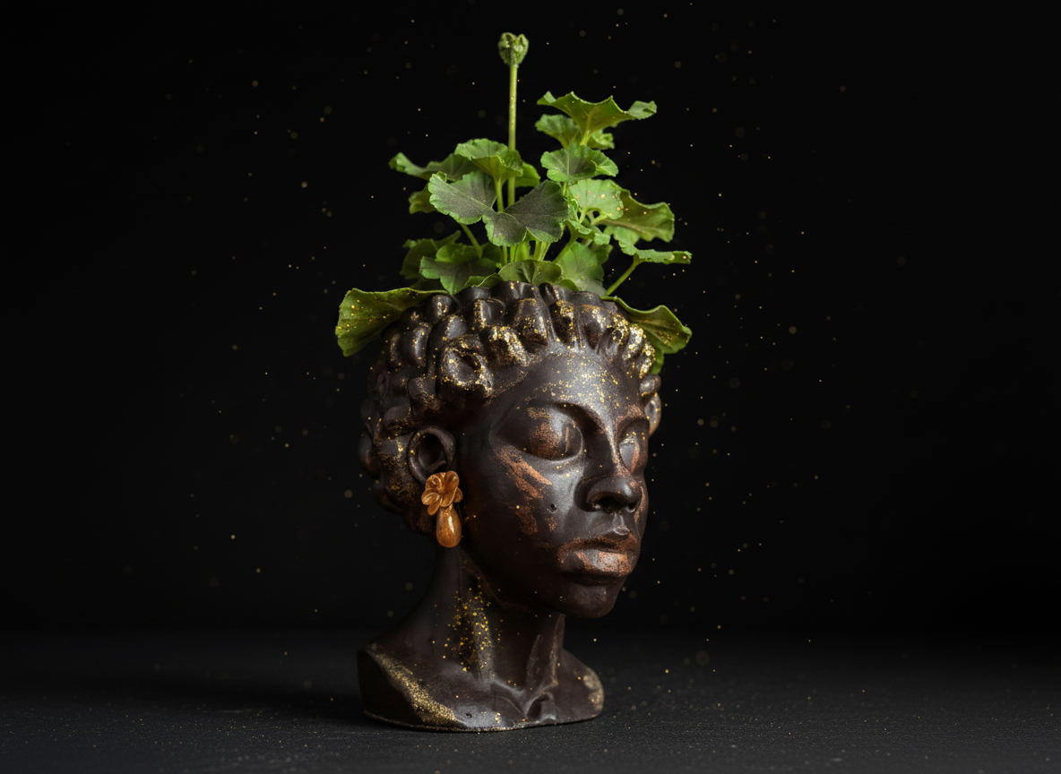 Cast stone woman bust planter front three quarter studio shot