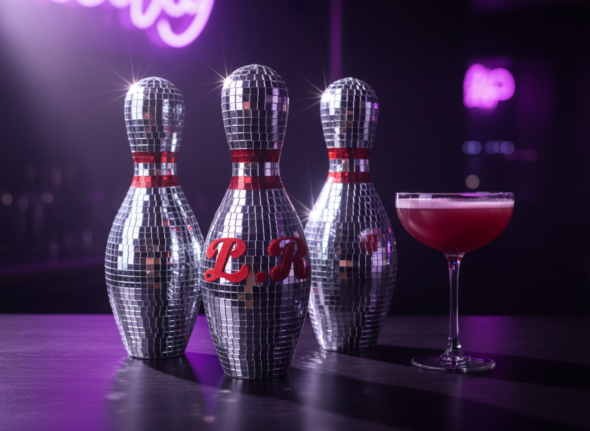 Mirror bowling set bar display with cocktail